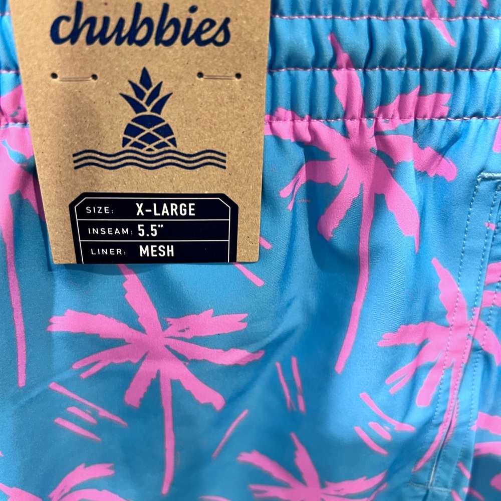 New with Tags $70 Men's CHUBBIES SZ. XL Blue & Pink Palm Tree Swim Shorts 5.5"